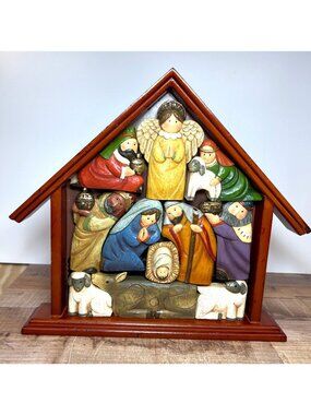 Hand-Carved Wooden Nativity Scene Painted Finish & Stable Pieces Fit like a Puzz